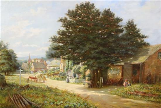 John Bonny (1875-1948) Village street with a wheelwrights and Cornfield after harvest 24 x 36in.